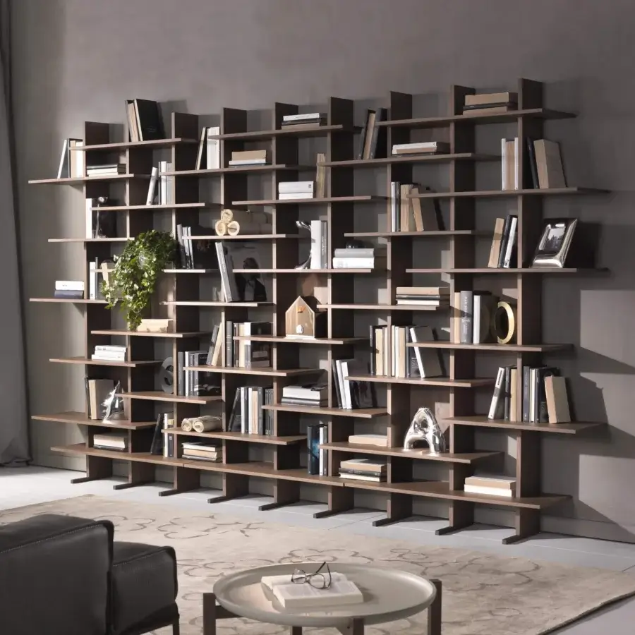 Distinguished Pacini & Cappellini bookcase crafted in Italy with wood, showcasing an asymmetrical geometric silhouette and matte medium-brown finish
