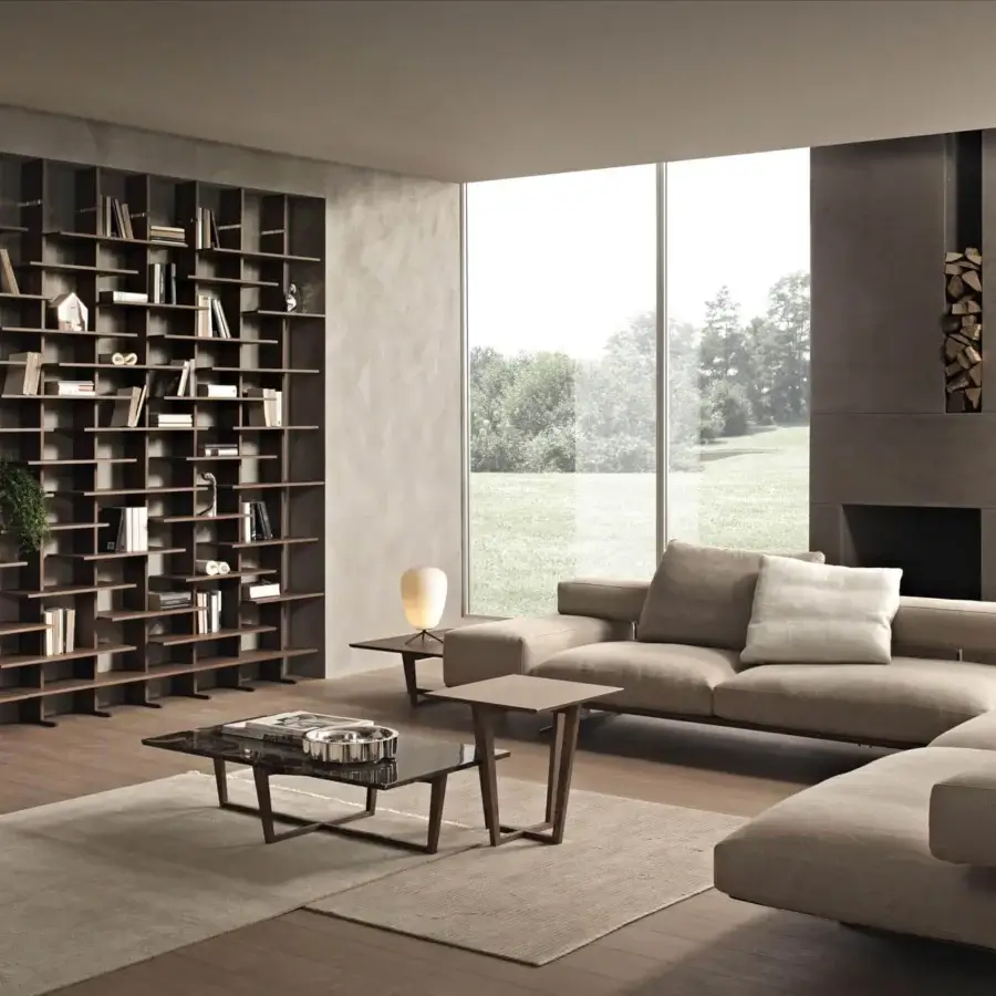 Superior Pacini & Cappellini bookcase crafted in wood with a matte finish, displaying an asymmetrical geometric silhouette in medium brown tones