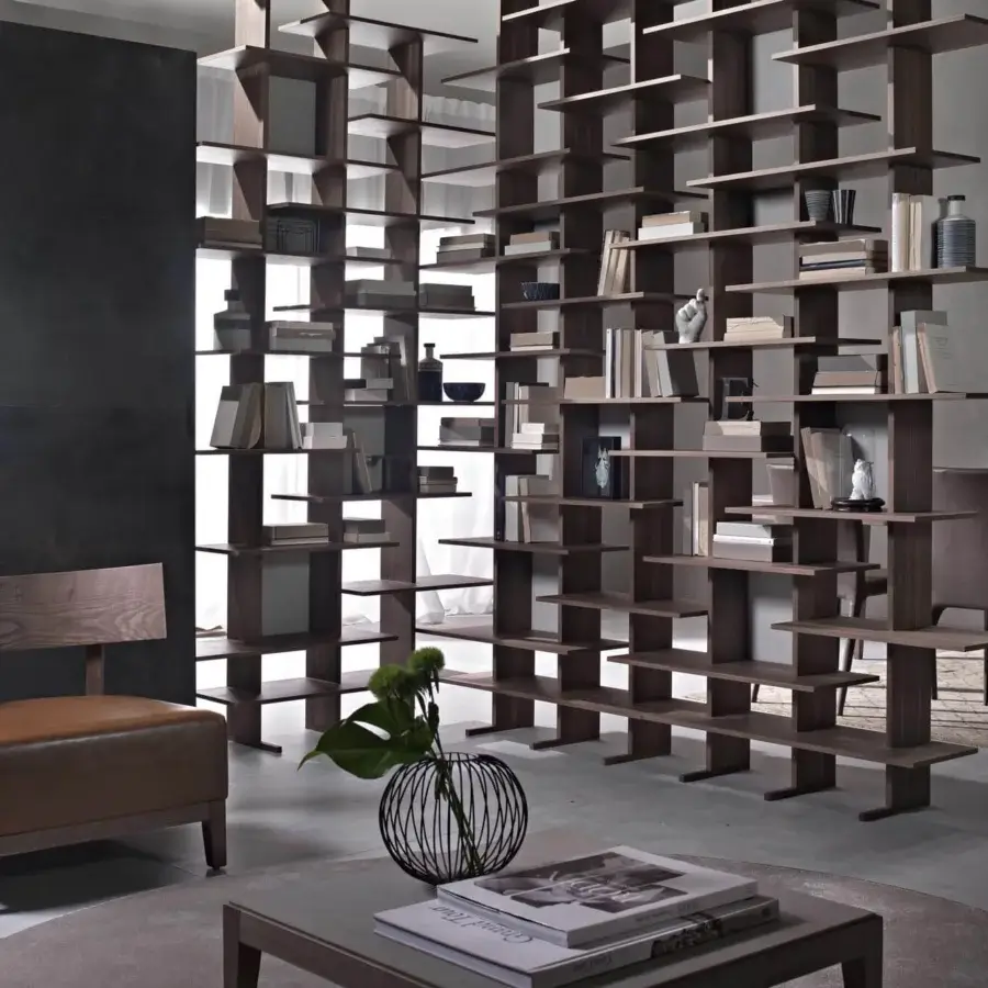 Exceptional Pacini & Cappellini bookcase crafted in dark brown wood with a matte finish, exhibiting an asymmetrical geometric form