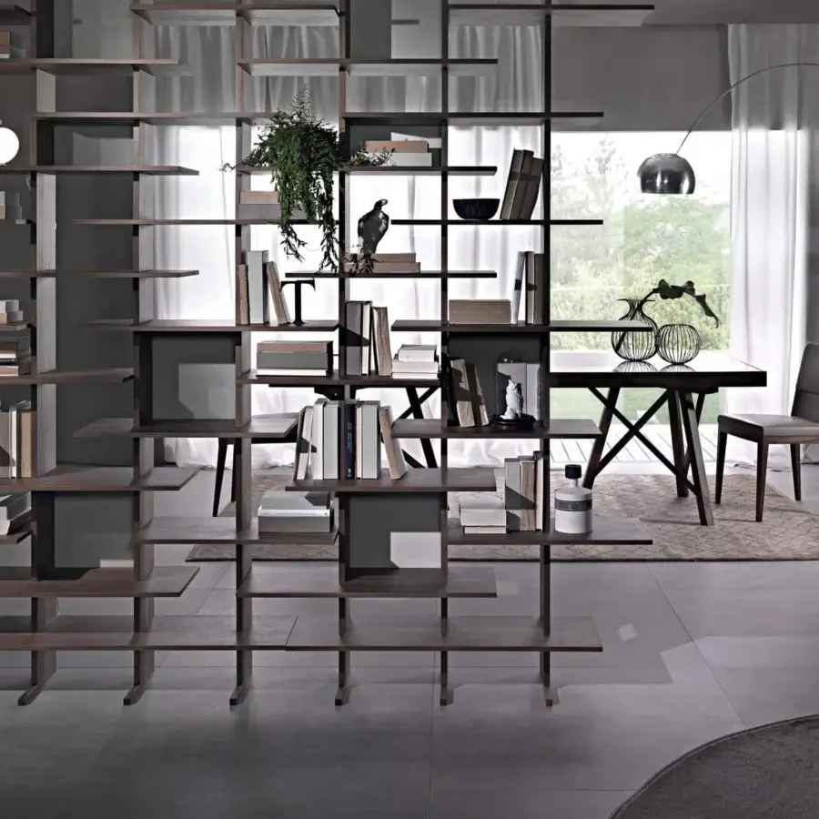 Elegant Pacini & Cappellini bookcase built in dark brown wood with a matte finish and dynamic open grid shelving