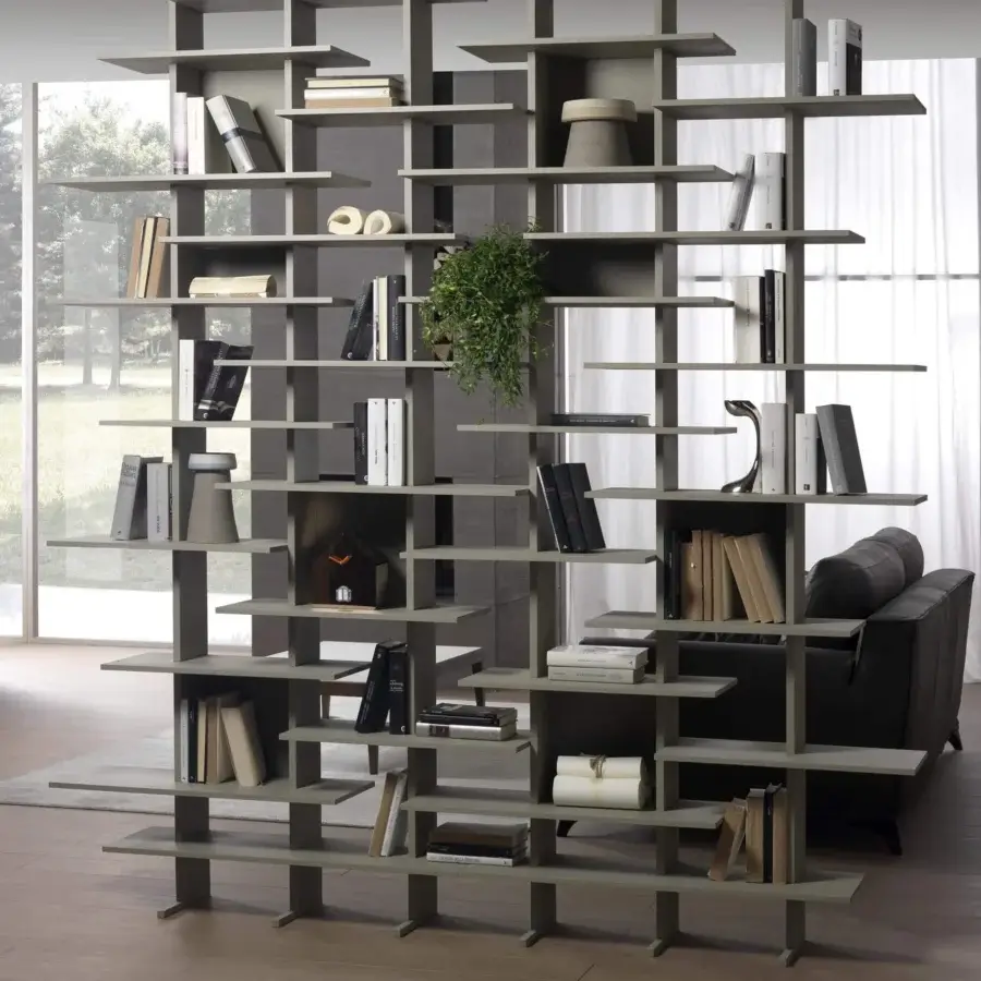 Superior Pacini & Cappellini bookcase with asymmetrical shelves and light gray matte wood construction