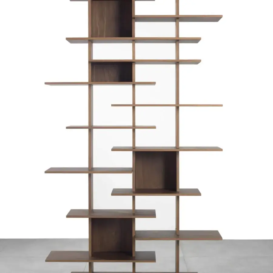 Elegant Pacini & Cappellini bookcase with asymmetrical design crafted in medium brown wood and matte finish