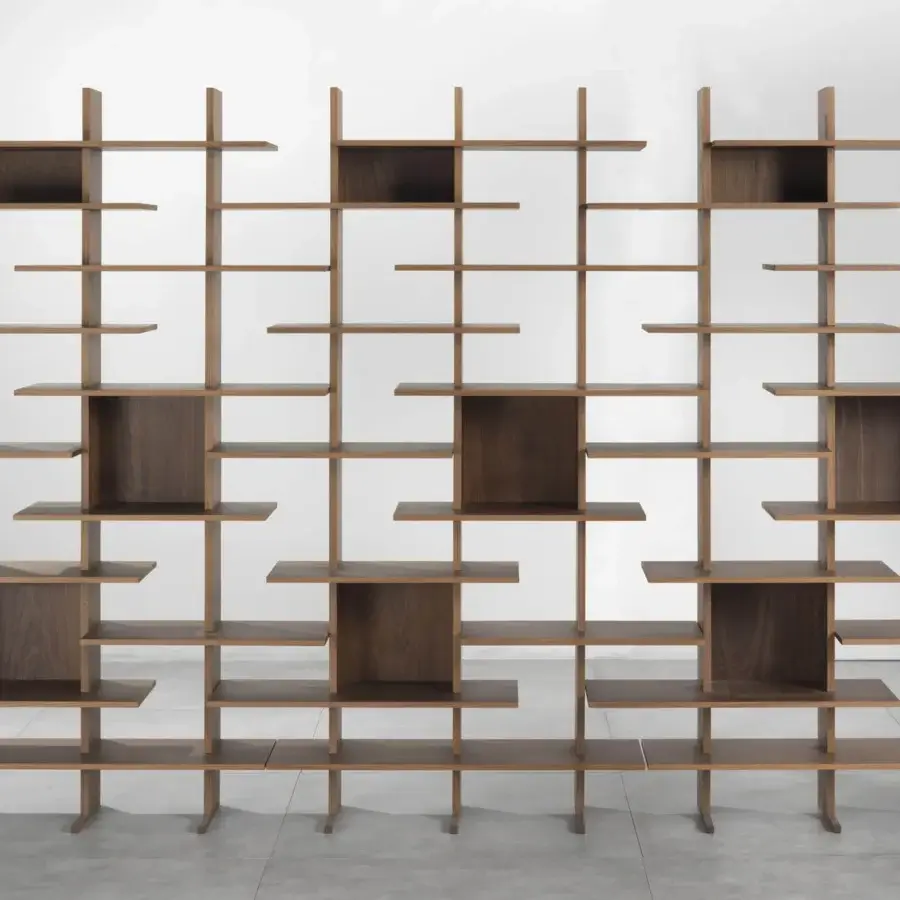 Exceptional Pacini & Cappellini bookcase with asymmetrical shelving built in medium brown wood and smooth matte finish