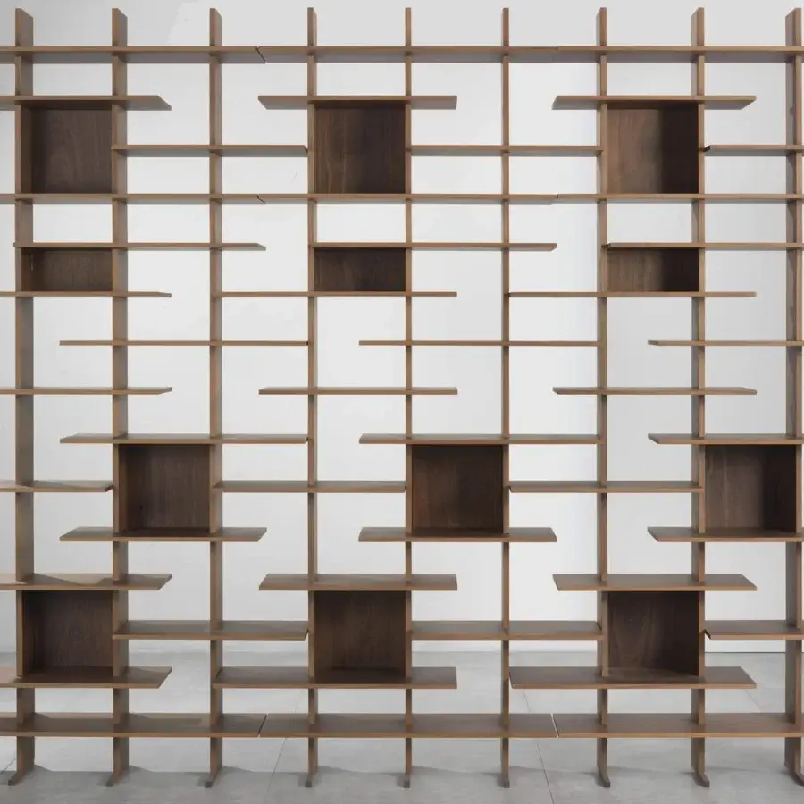 Superior Pacini & Cappellini bookcase with asymmetrical shelving built in warm medium brown wood finish