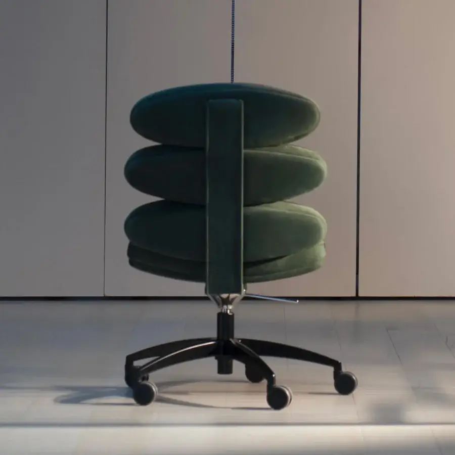 Distinguished Mascheroni Airone chair crafted in dark green textile with a shiny, swivel five-spoke base on castors and Italian heritage