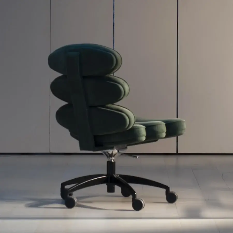 Exceptional Mascheroni Airone chair with dark green upholstery and shiny five-spoke swivel base built in birch shaped wood and steel