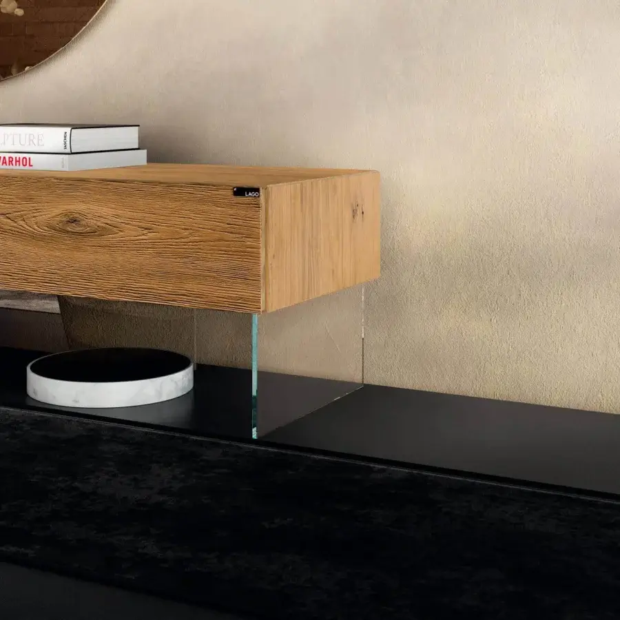 Distinguished Lago Air dresser with imperceptible extra-clear tempered glass support and matte wood finish drawer front
