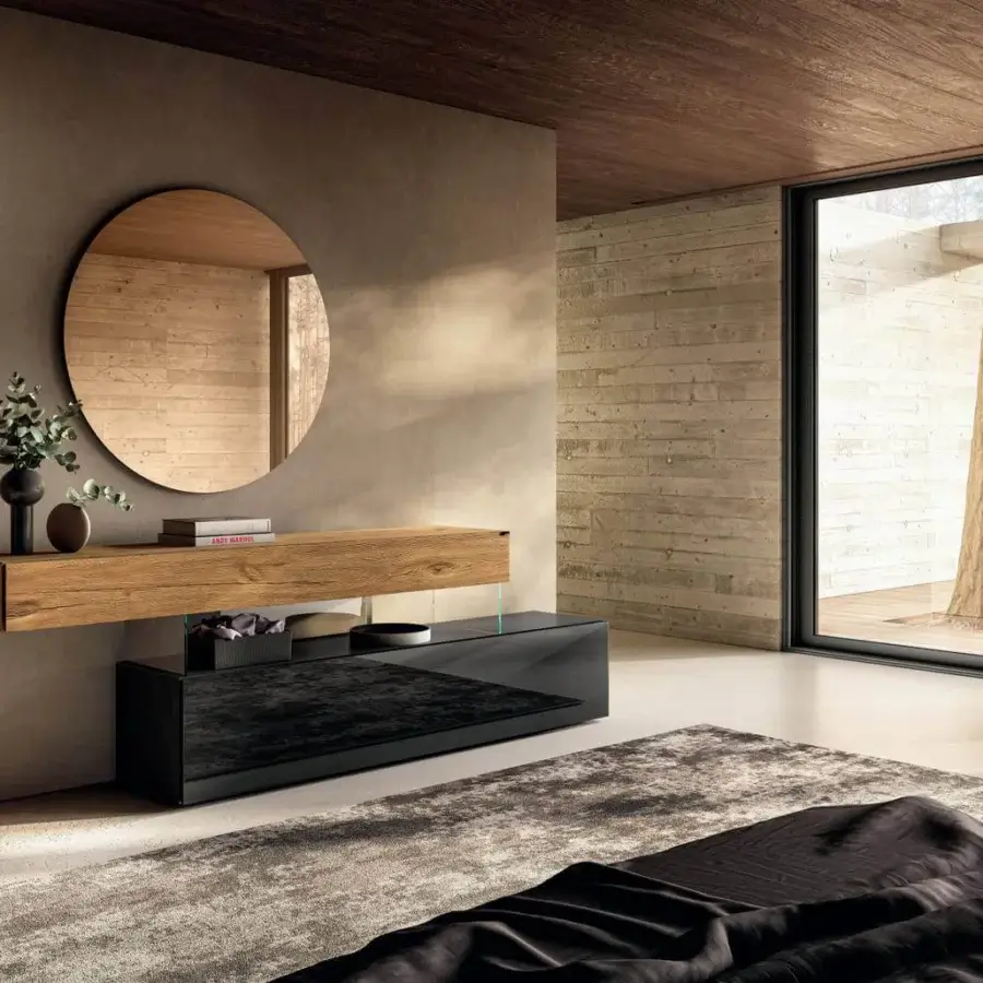 Exceptional Lago Air dresser with a matte wooden shelf supported by extra-clear tempered glass above a glossy black cabinet