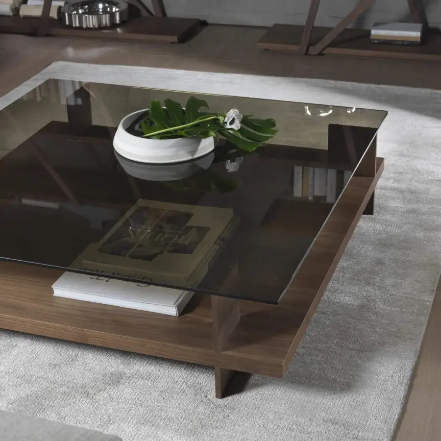 Superior Pacini & Cappellini Corallo coffee table with tempered glass and veneered ash lower shelf in medium brown