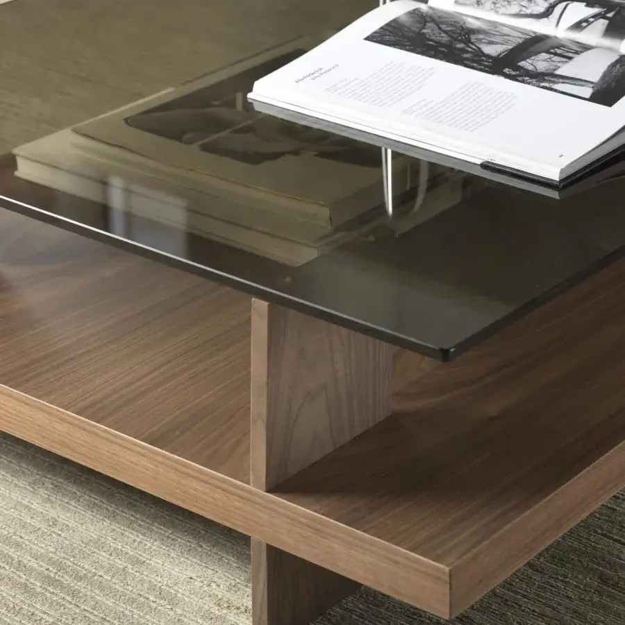 Distinguished Pacini & Cappellini Corallo coffee table with transparent tempered glass and veneered ash lower shelf