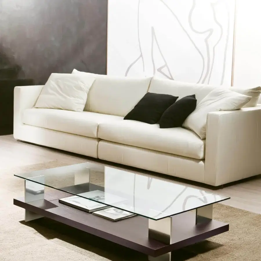 Superior Pacini & Cappellini Corallo coffee table with clear tempered glass and veneered ash lower shelf in matte finish