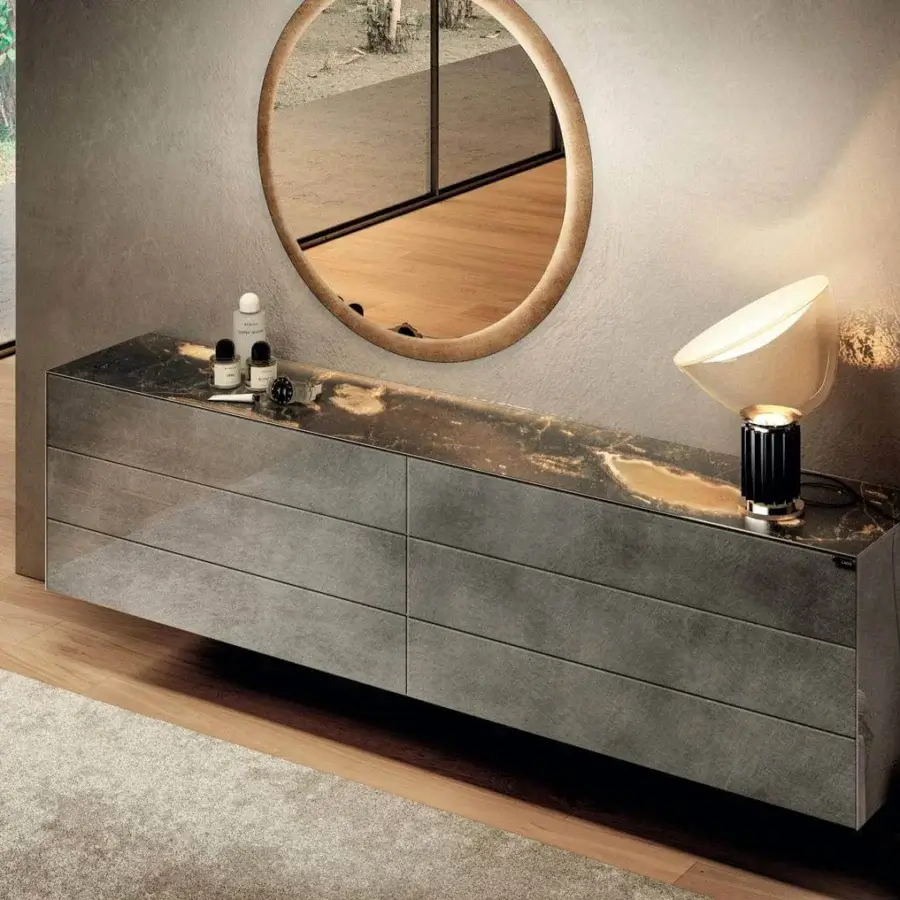 Elegant Lago Materia Suspended dresser in dark gray XGlass evokes a sophisticated stone-like pattern with three push-pull drawers