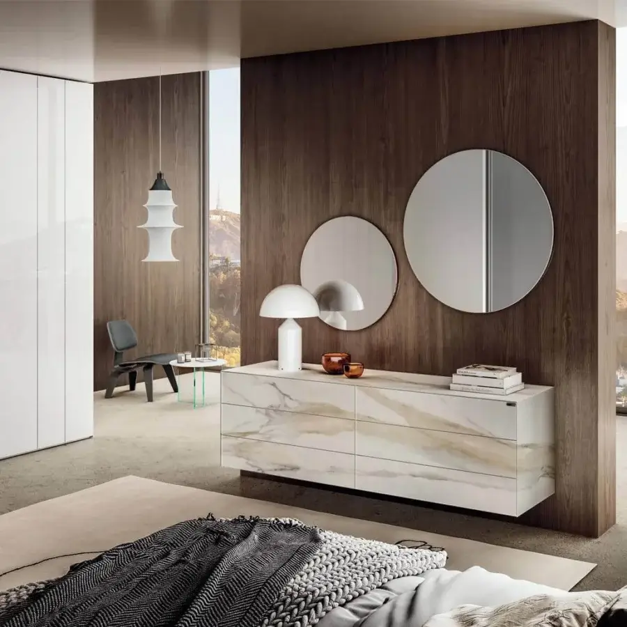 Distinguished Lago Materia Suspended dresser crafted in XGlass with beige and white striations mimicking a faux marble finish