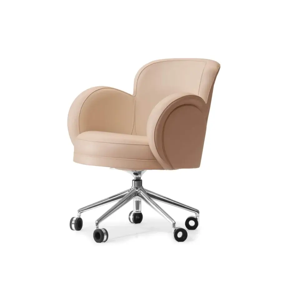 Elegant Mascheroni Petali armchair with curved birch wood, light beige fabric upholstery and glossy metal base