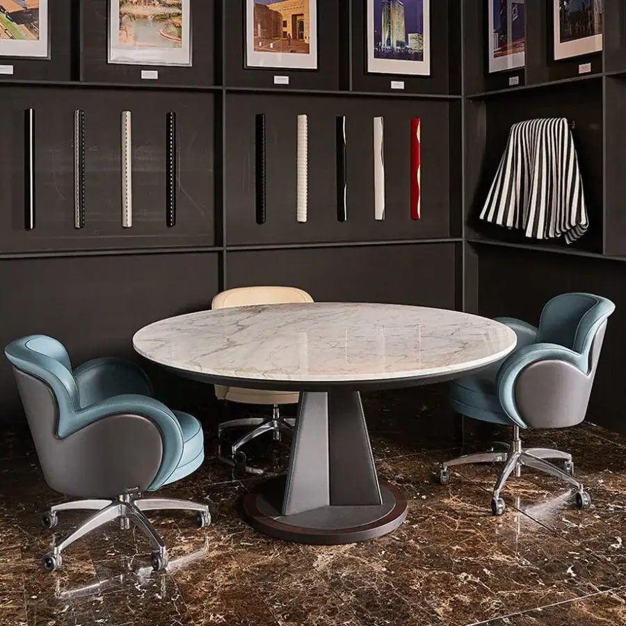Exceptional Mascheroni Petali armchair with curved birch wood, light blue textile upholstery and silver-finished metal swivel base