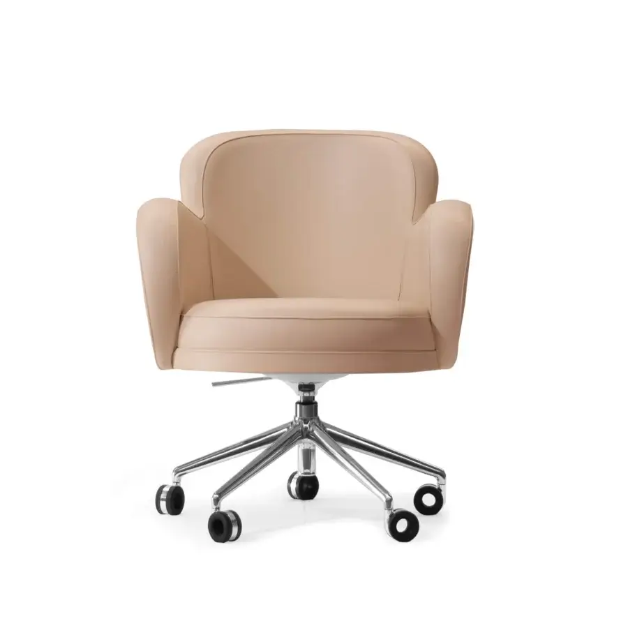 Superior Mascheroni Petali armchair with curved birch wood, polished chrome, and light beige upholstery