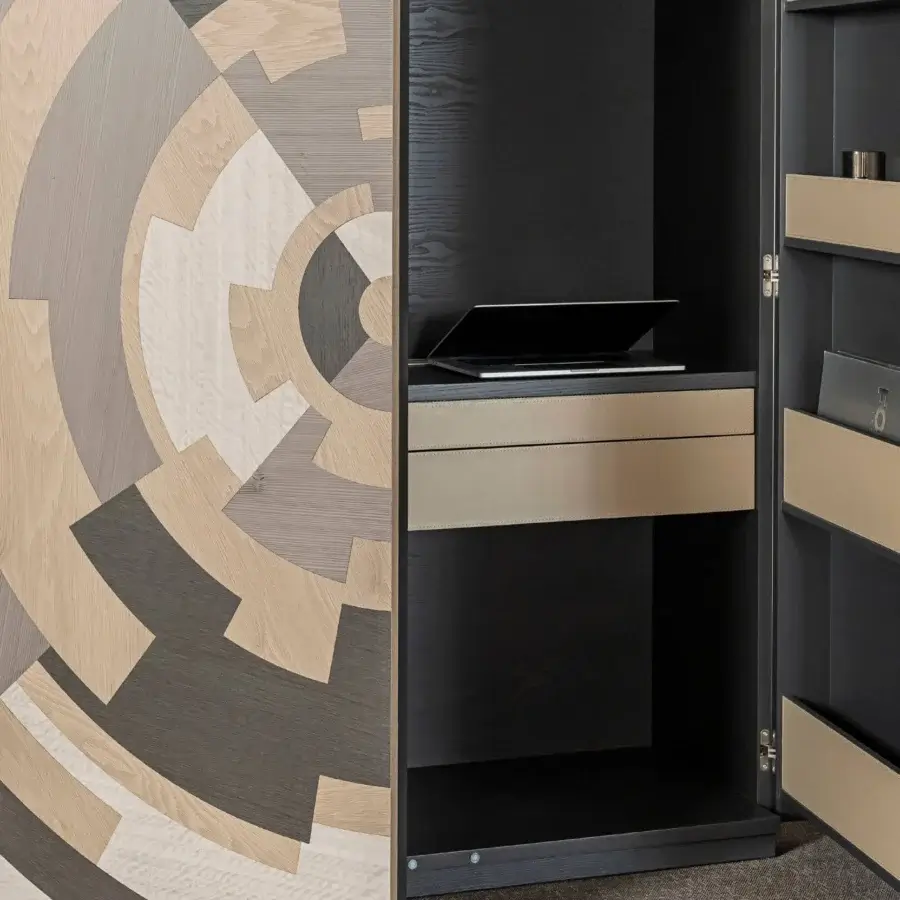 Exceptional Bizzotto Italia Sound Office Cabinet with doors inlaid in wood essences and light beige leather drawers