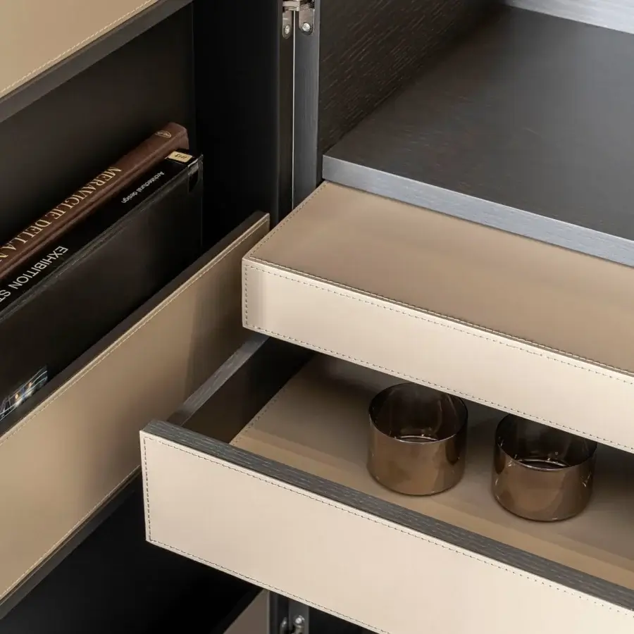 Superior Bizzotto Italia Sound Office Cabinet with tan leather drawers and Eucalipto Frisé inlays in matte wood