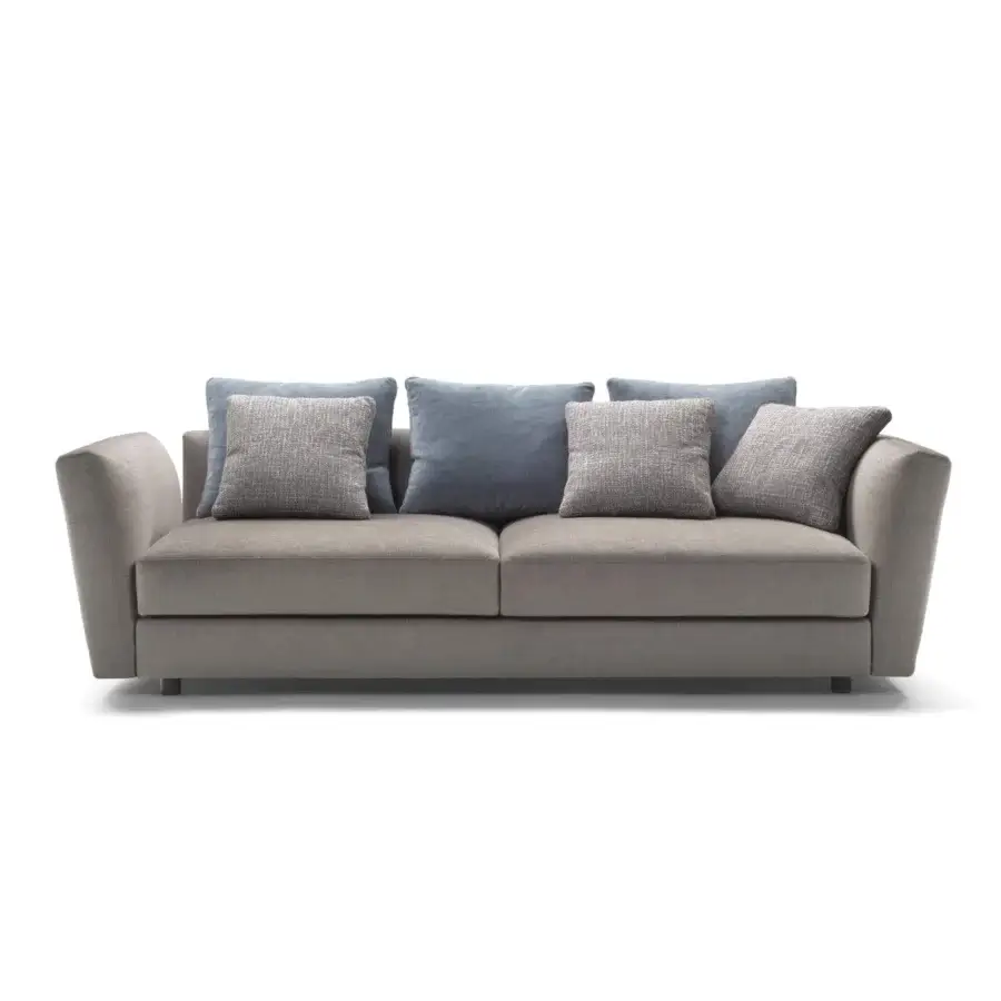 Distinguished Pacini & Cappellini Ester sofa upholstered in light gray-brown textile with rounded armrests and dark wooden feet
