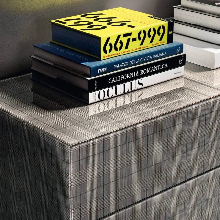 Superior Lago Materia dresser with legs clothed in wood-printed XGlass exhibiting a glossy plaid pattern in gray and brown tones