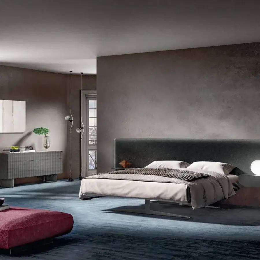 Elegant Lago Materia dresser with legs clothed in wood-printed XGlass exhibiting a uniform medium gray finish