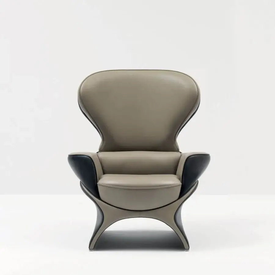 Innovative Mascheroni Barbablu lounge chair with taupe synthetic leather and matte black accents crafted in Italy