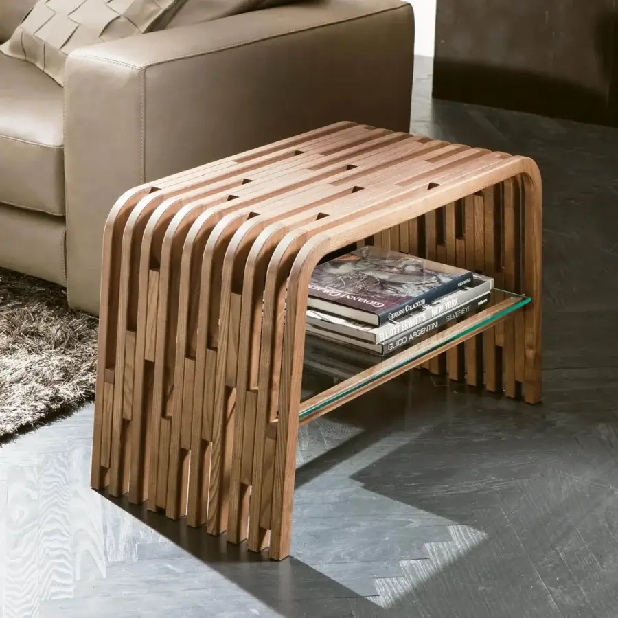 Distinguished Pacini & Cappellini Millerighe side table in light solid wood with a slatted design and clear glass shelf