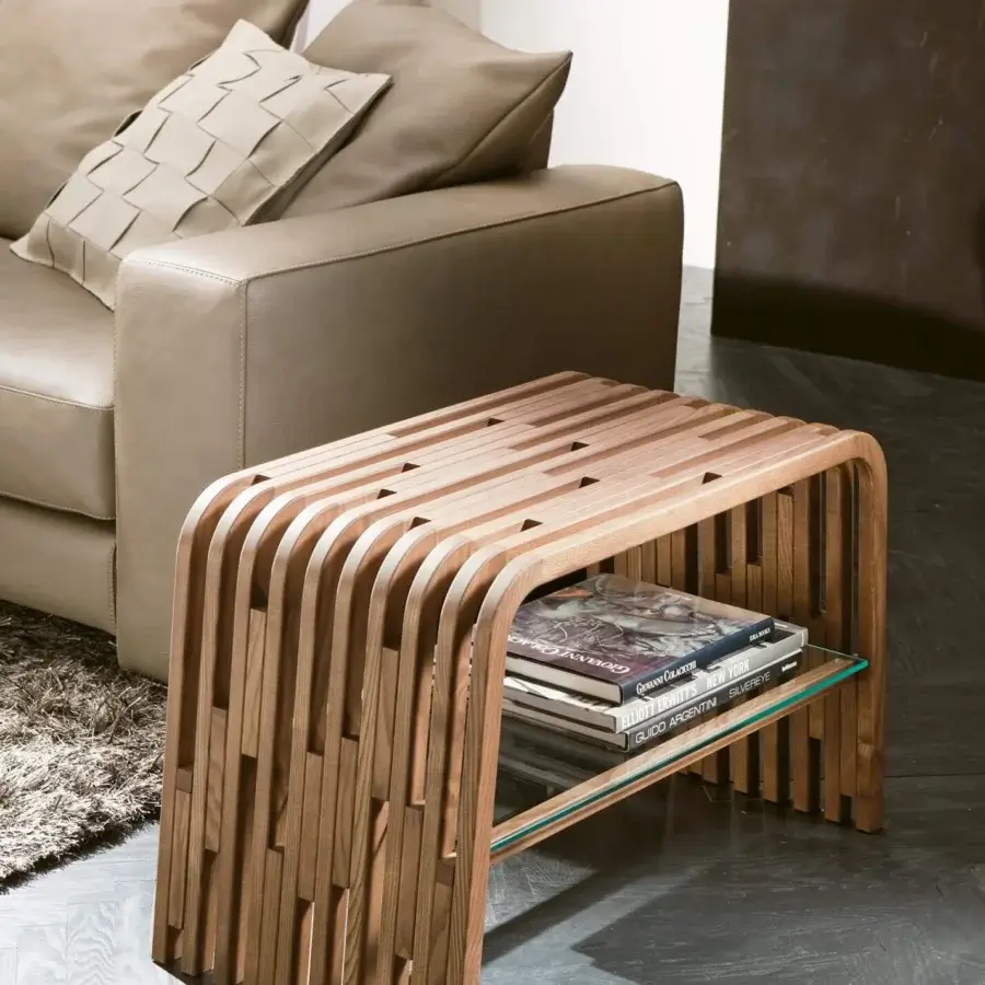 Exceptional Pacini & Cappellini Millerighe side table in light solid wood with curved slatted design and clear glass shelf