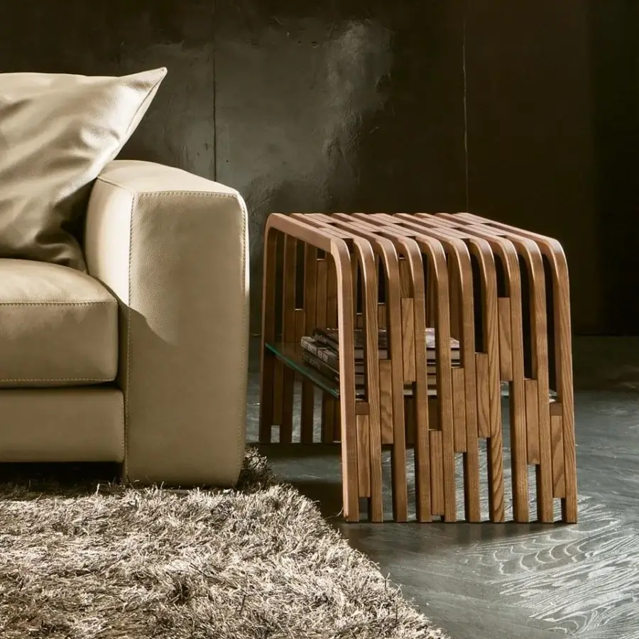 Superior Pacini & Cappellini Millerighe side table in medium-toned brown solid wood with artfully curved slats and clear glass shelf