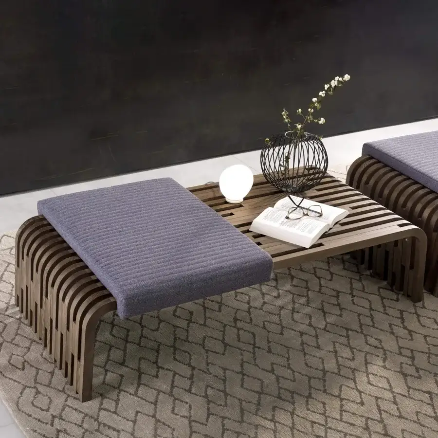 Distinguished Pacini & Cappellini Millerighe bench crafted in warm brown solid wood with a gray fabric cushion and slatted design