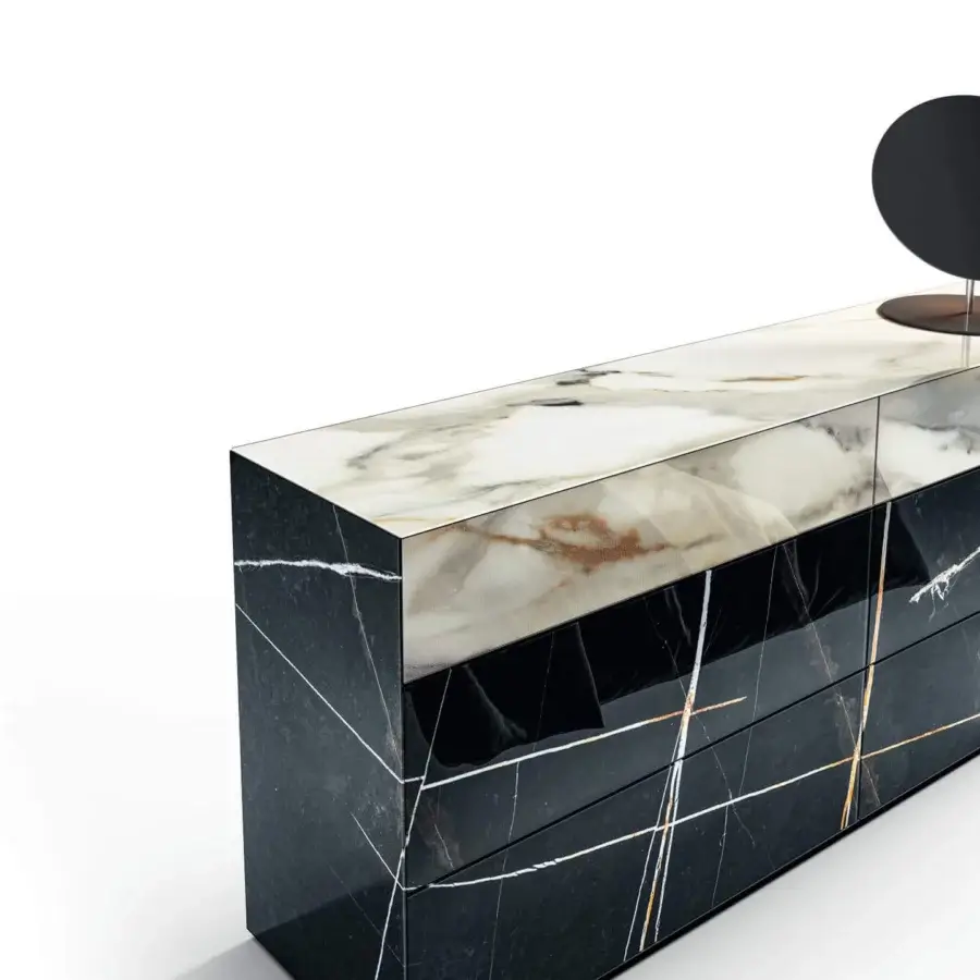 Superior Lago Materia dresser with XGlass displaying dark marble and white marble-patterned top in glossy finish