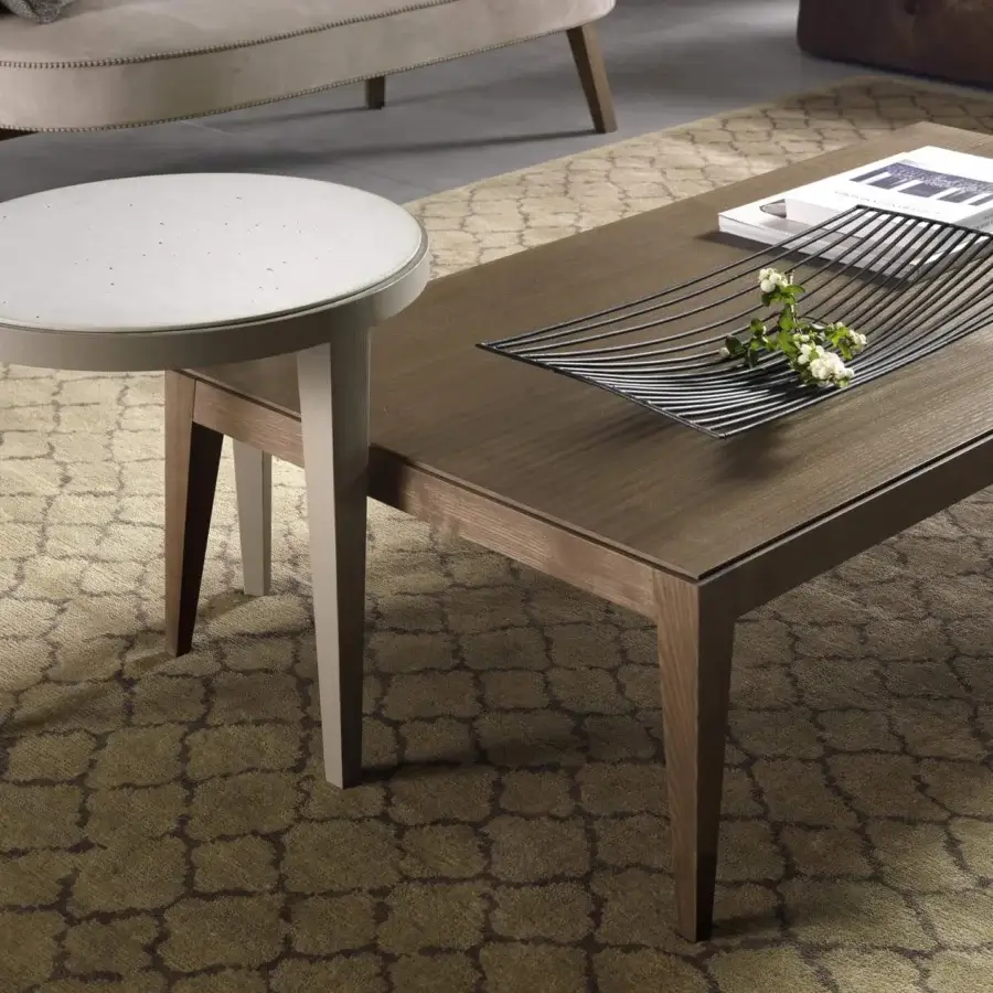 Elegant Pacini & Cappellini Dominique coffee table with medium brown wood top and lighter-toned wooden frame crafted in Italy