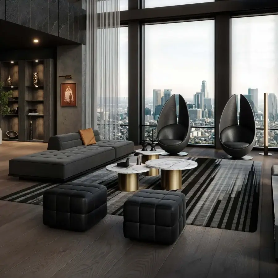 Exclusive Wayne Enterprises WE-145 ottoman upholstered in dark matte textile with lacquered base and tufted top