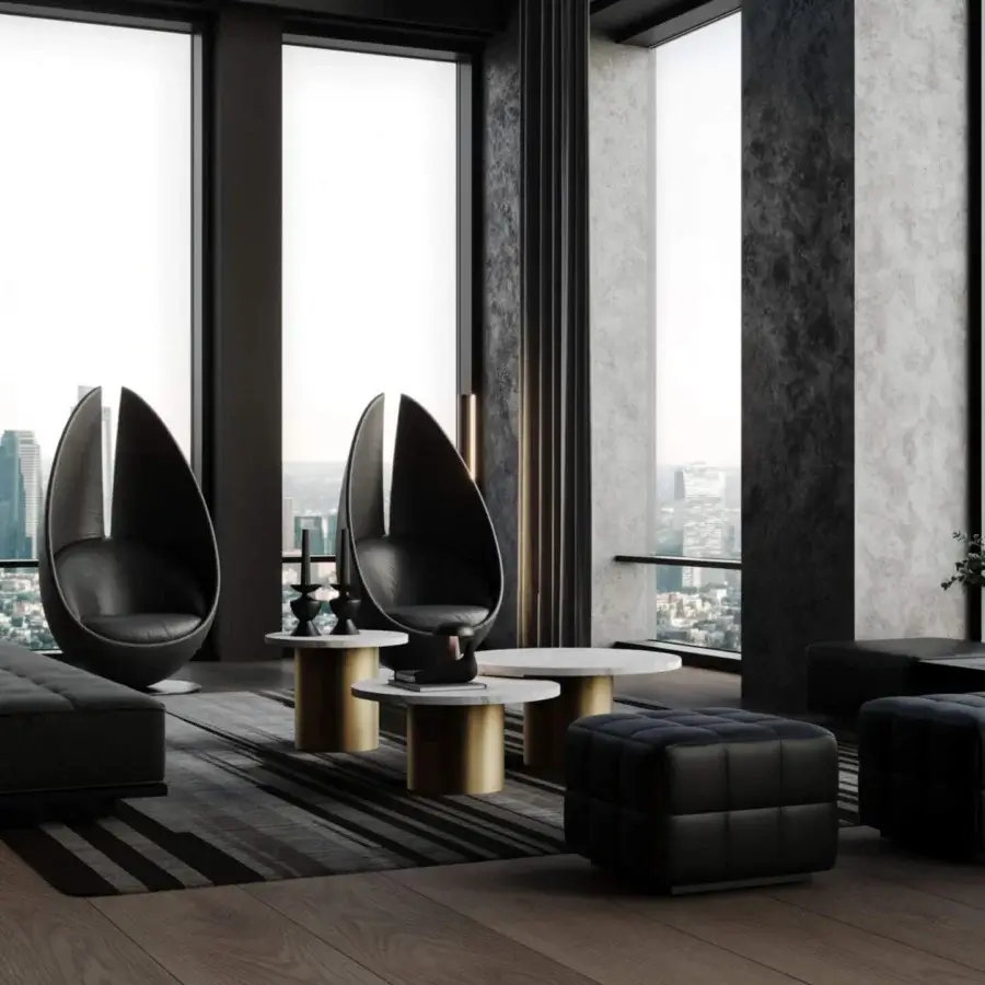 Exceptional WAYNE Enterprises WE-145 ottoman upholstered in black leather with a lacquered base and quilted appearance