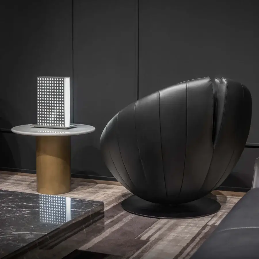 Exclusive CONTROVENTO WAYNE Enterprises WE-003L lounge chair with sleek black leather upholstery and glossy metal swivel base