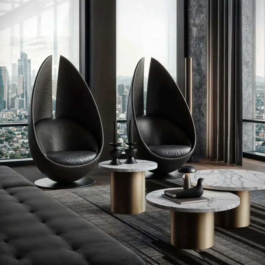Exclusive CONTROVENTO WAYNE Enterprises WE-003H lounge chair in dark leather with a glossy black metal swivel base