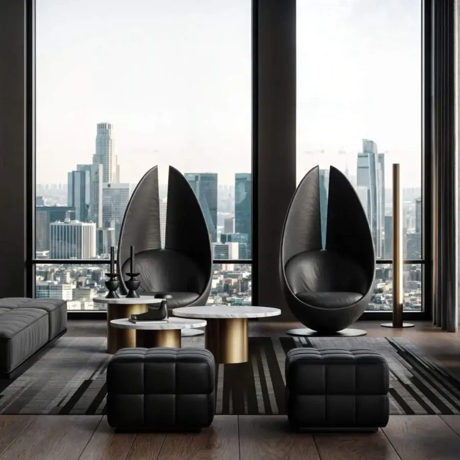 Distinctive CONTROVENTO WE-003H lounge chair built in black leather with glossy black metal swivel base, made in Italy