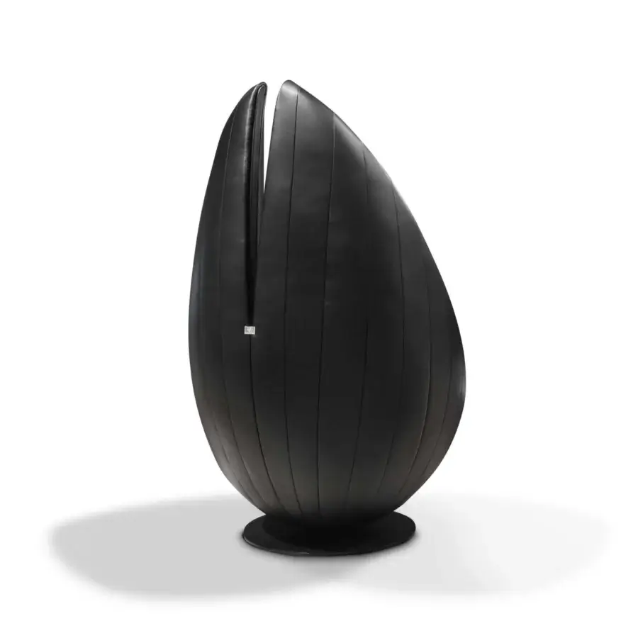 Exclusive CONTROVENTO lounge chair built in matte black fabric or leather with a glossy metal swivel base
