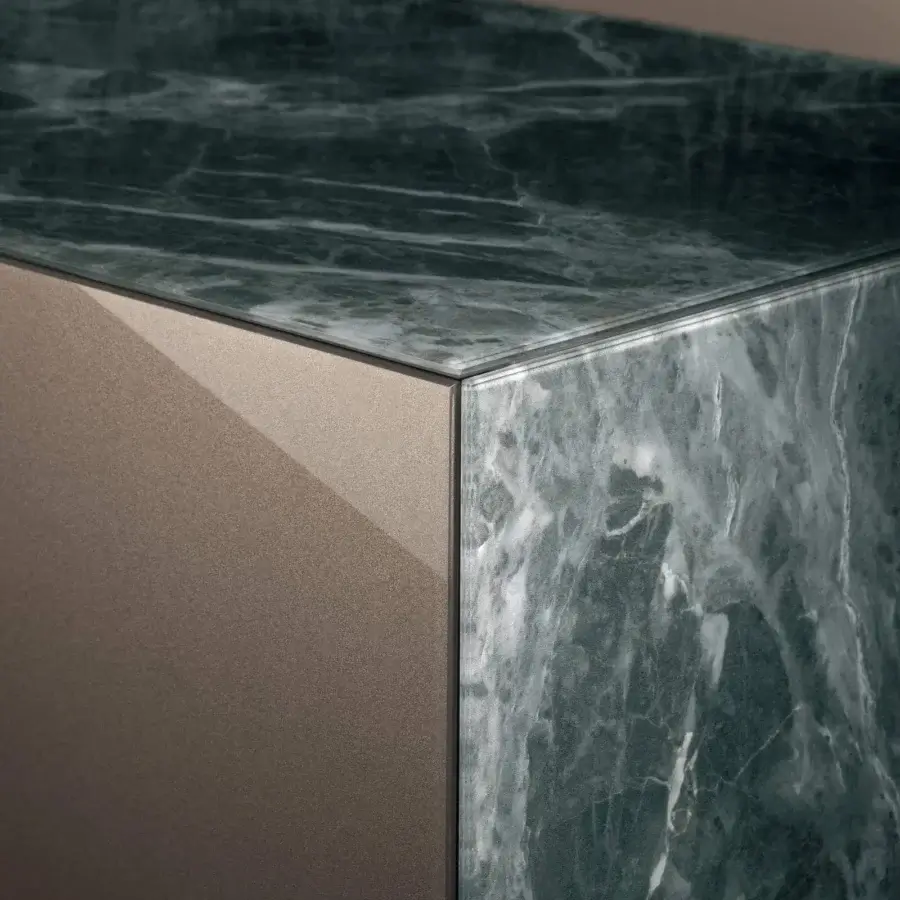 Superior Lago Materia Vertical dresser with green-toned marble and warm brown textured side panels in glossy and matte finishes