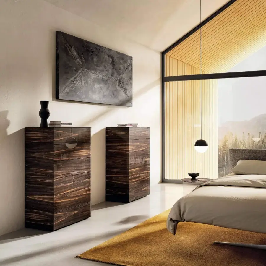 Elegant Lago Materia Vertical dresser with dark brown XGlass and glossy finish presents a contemporary monolithic aesthetic