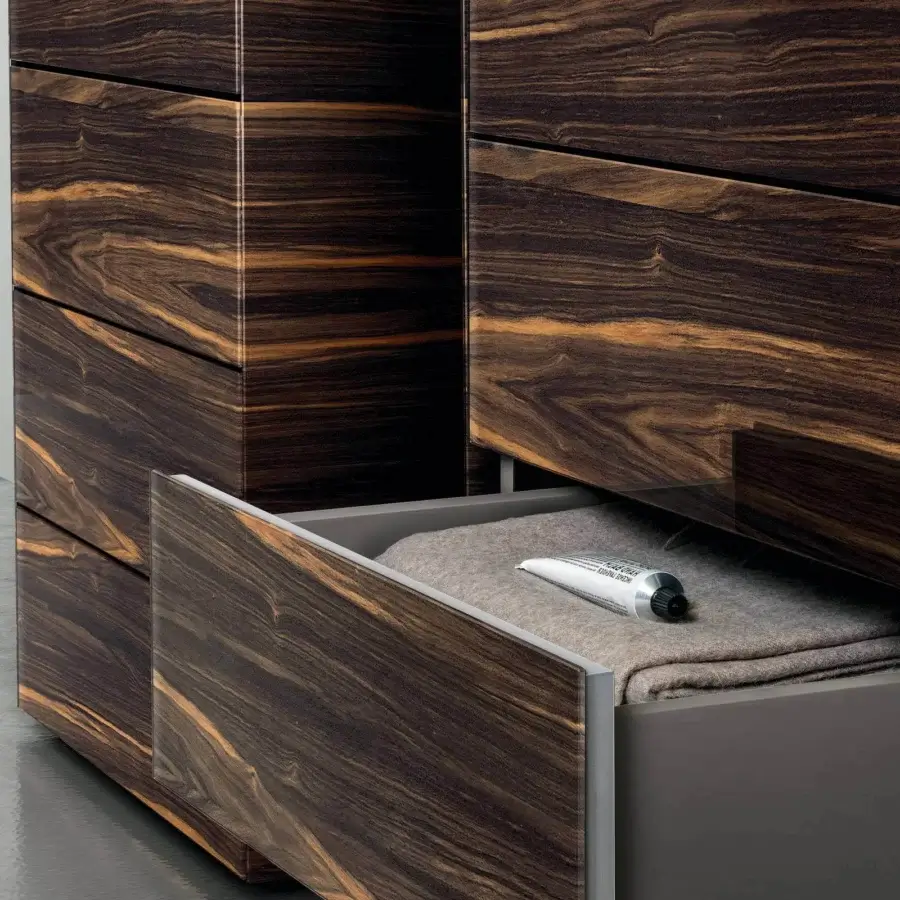 Exceptional Lago Materia Vertical dresser in dark brown XGlass with a glossy wood grain finish