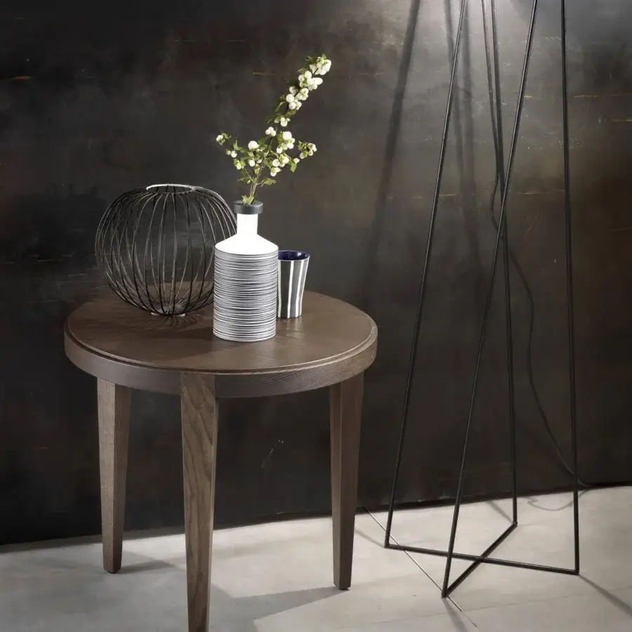 Elegant Pacini & Cappellini Dominique side table with solid wood structure and round wood top in matte medium-toned brown finish
