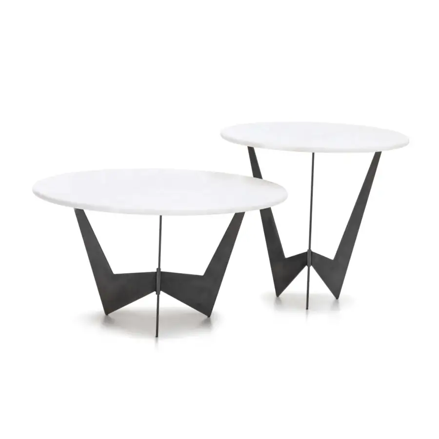 Elegant WAYNE Enterprises WE-142 side table with white marble top and geometric dark metal base crafted in Italy