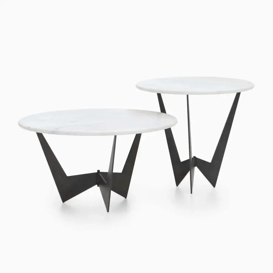 Handcrafted WAYNE Enterprises WE-142 side table with white marble top and dark matte metal base built with a geometric support