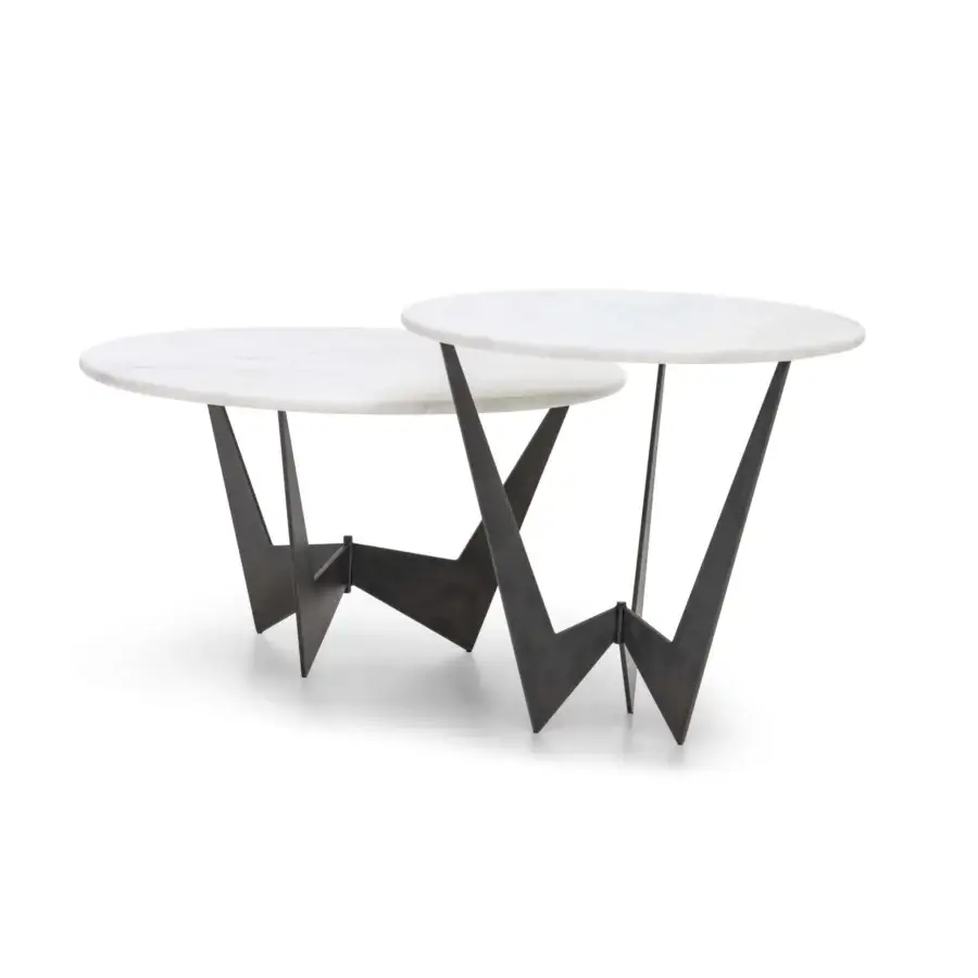 Distinguished WAYNE Enterprises WE-142 side table with light stone tops and sharply angled dark metal bases crafted in Italy