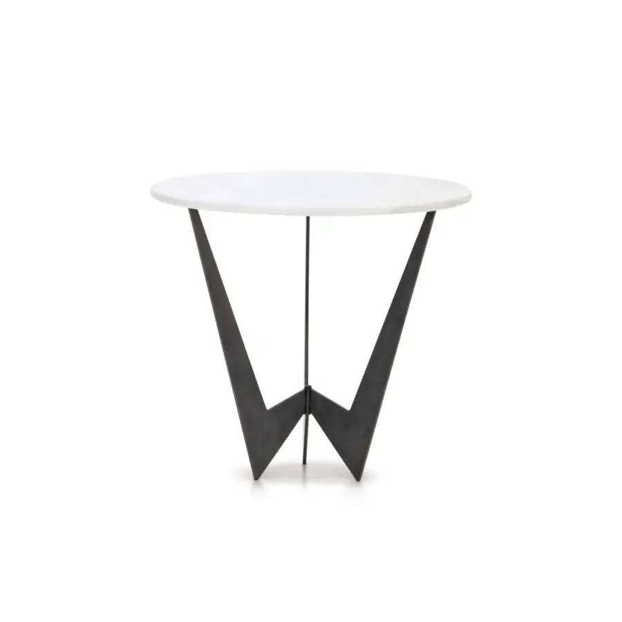 Exceptional WAYNE Enterprises WE-142 side table with marble tops and a dark matte metal base crafted in a geometric “W” shape