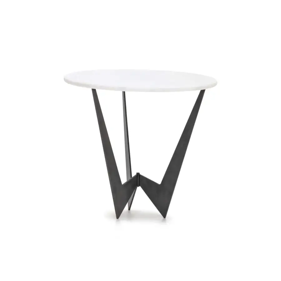 Superior WAYNE Enterprises WE-142 side table with a white marble top and dark matte geometric metal base
