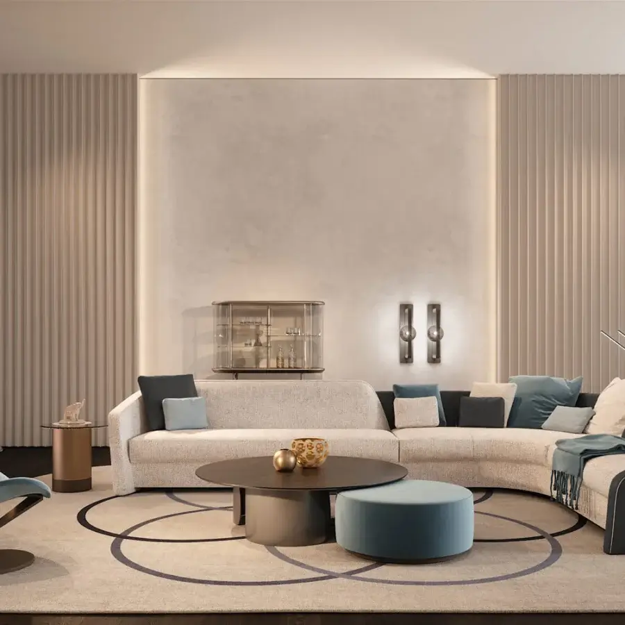 Refined Reflex Stratum sectional upholstered in light beige fabric with tonal blue, grey cushions presents a curved Italian design