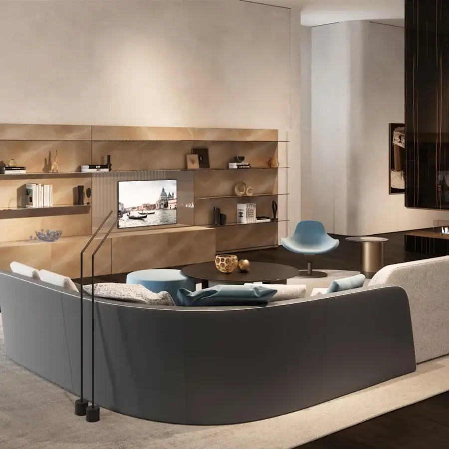 Distinguished Reflex Stratum sectional crafted in Italy with light beige textile upholstery and dark gray structure, accented with blue cushions
