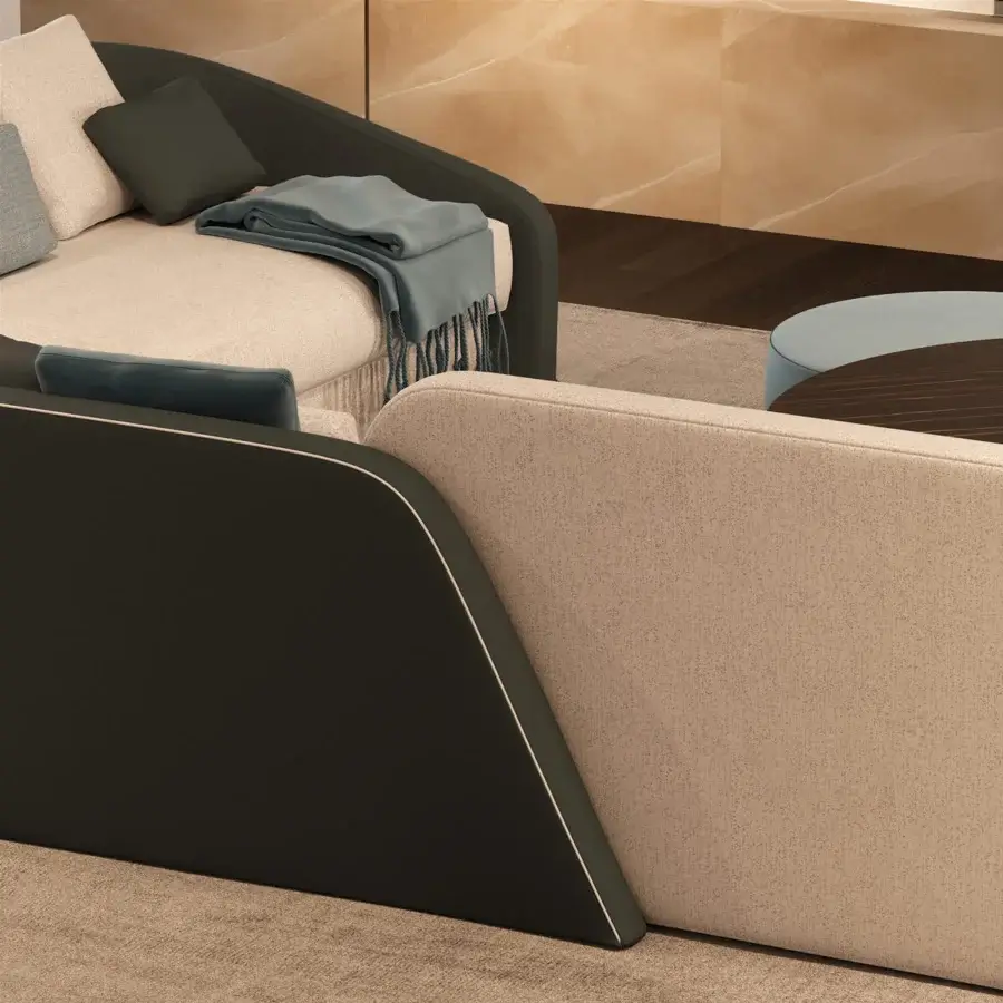 Exceptional Reflex Stratum sectional upholstered in light tan textured textile with dark piping and a sleek low profile design